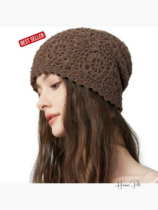 100% Cotton Crochet Beanie Hat Handmade Knit Slouchy Floral Skull Hat Knitted main image 5